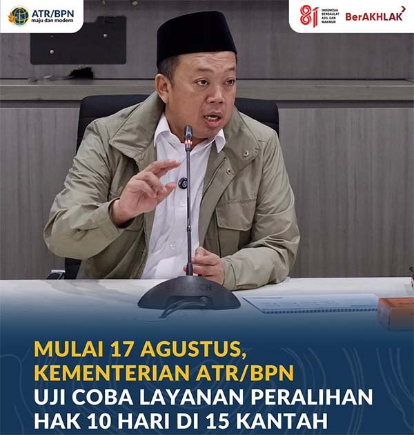 Mulai 17 Agustus, Kementerian ATR/BPN Uji Coba Layanan Peralihan Hak 10 Hari di 15 Kantah